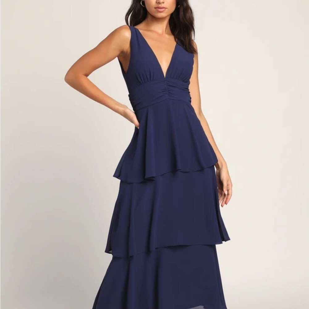 Celebration Time Navy Blue Sleeveless Tiered Midi Dress